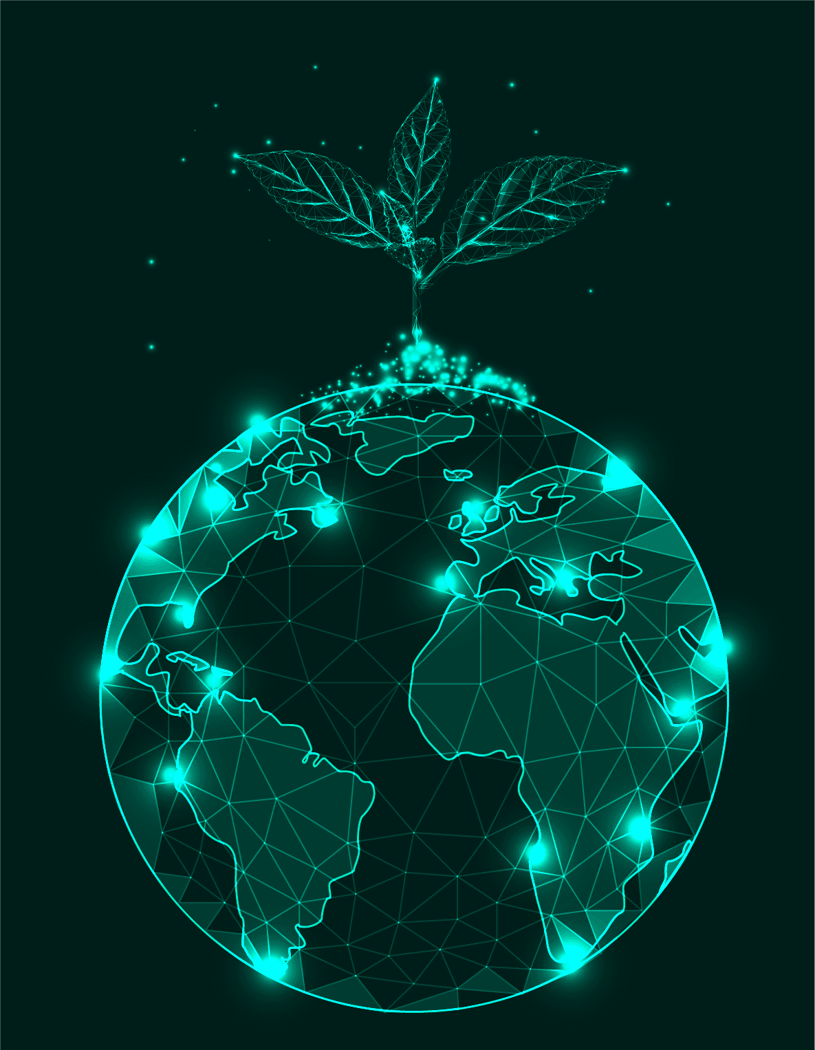 Wireframe earth with a growing plant
